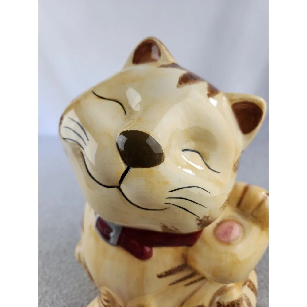 GKAO Scratching Cat Cookie Jar Tan Tabby Orange Smiling Kitten‎ Treat Holder